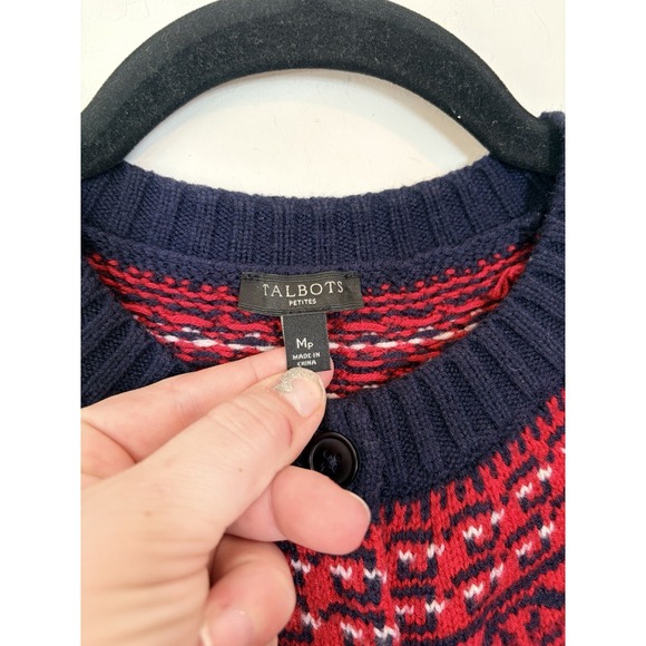 Talbots Women Navy Blue Red Fair Isle Lambswool Blend Knit Button Cardigan MedP - Picture 5 of 5